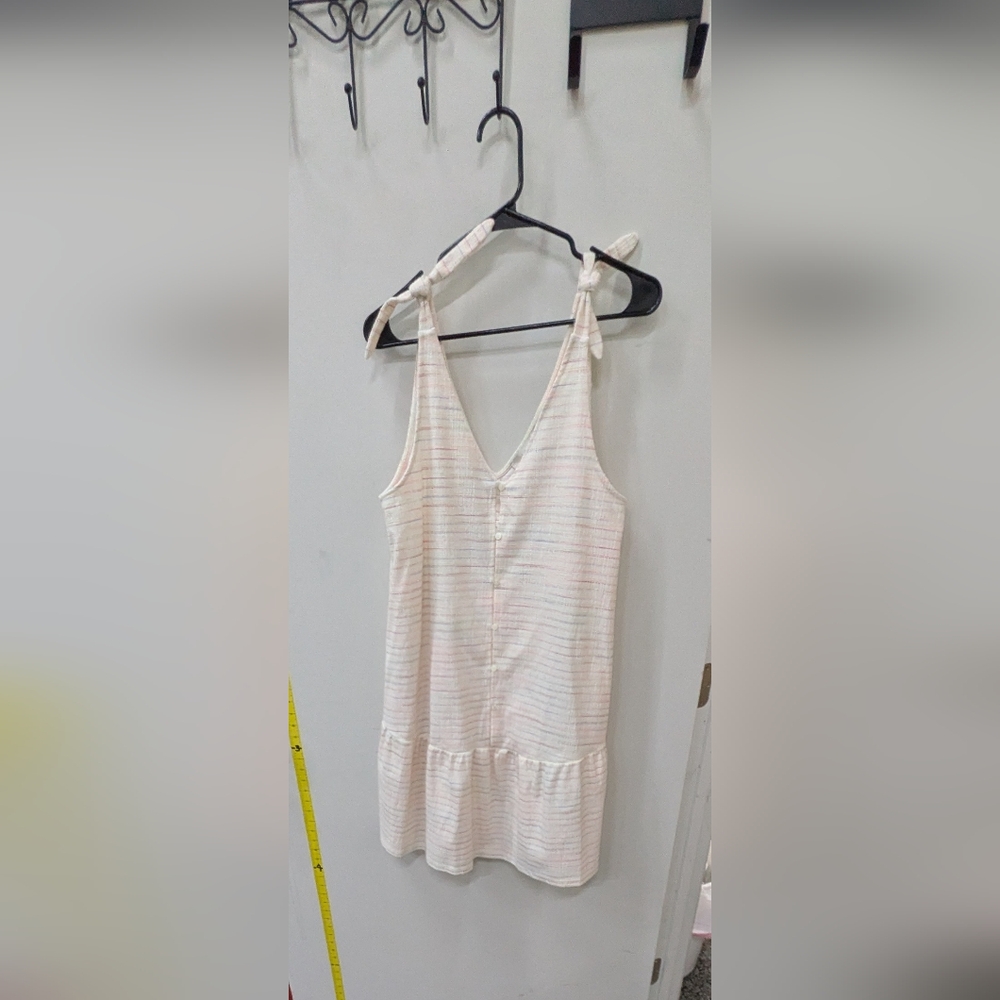 LOFT Bow Strap Button Dress. Cream Sleeveless Mini.. - Picture 2 of 7